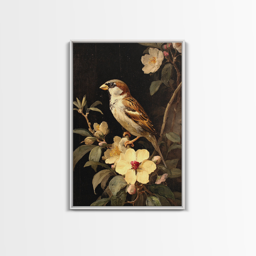 Bird Study on a Flowering Branch Framed Canvas Print, Traditional Art, Artwork, Living Room Decor, Oil Painting, Classic, TRA-2x3-90