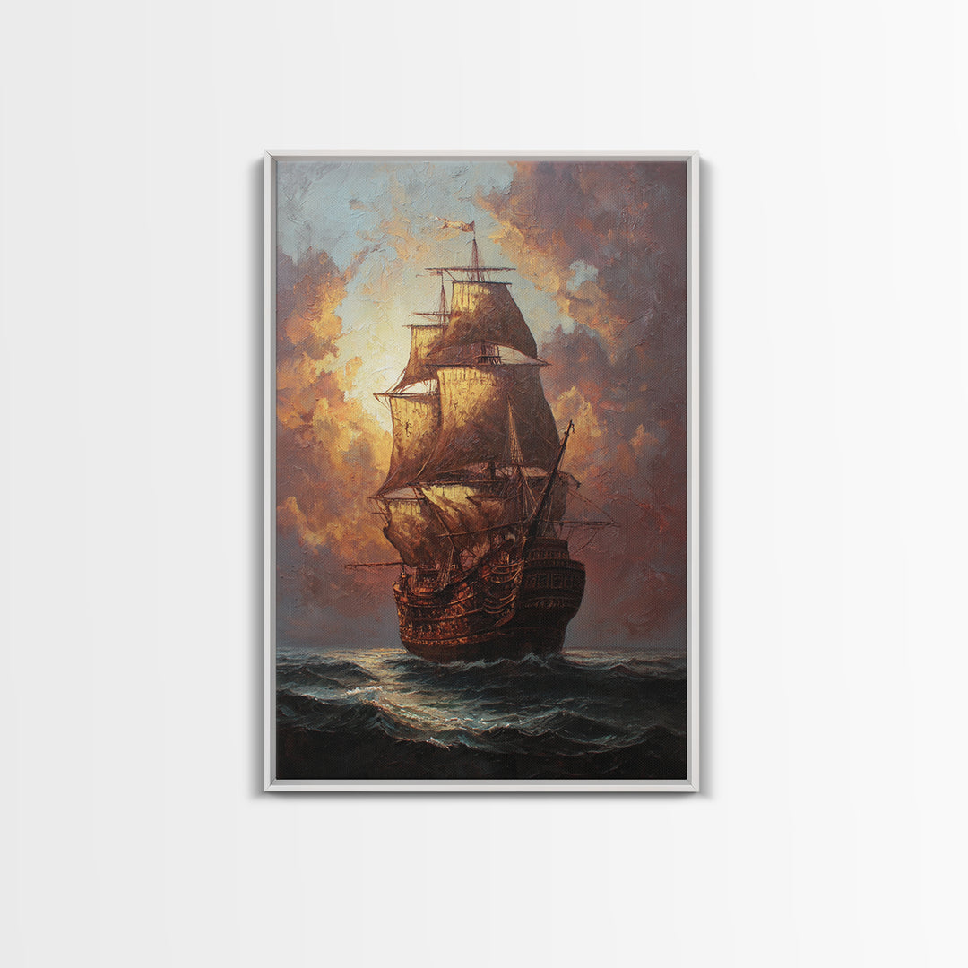 Ship at Sea Framed Canvas Print, Traditional Art, Original Art, Living Room Decor, Fine Art, Classic, Landscape, Indian Art, TRA-2x3-94
