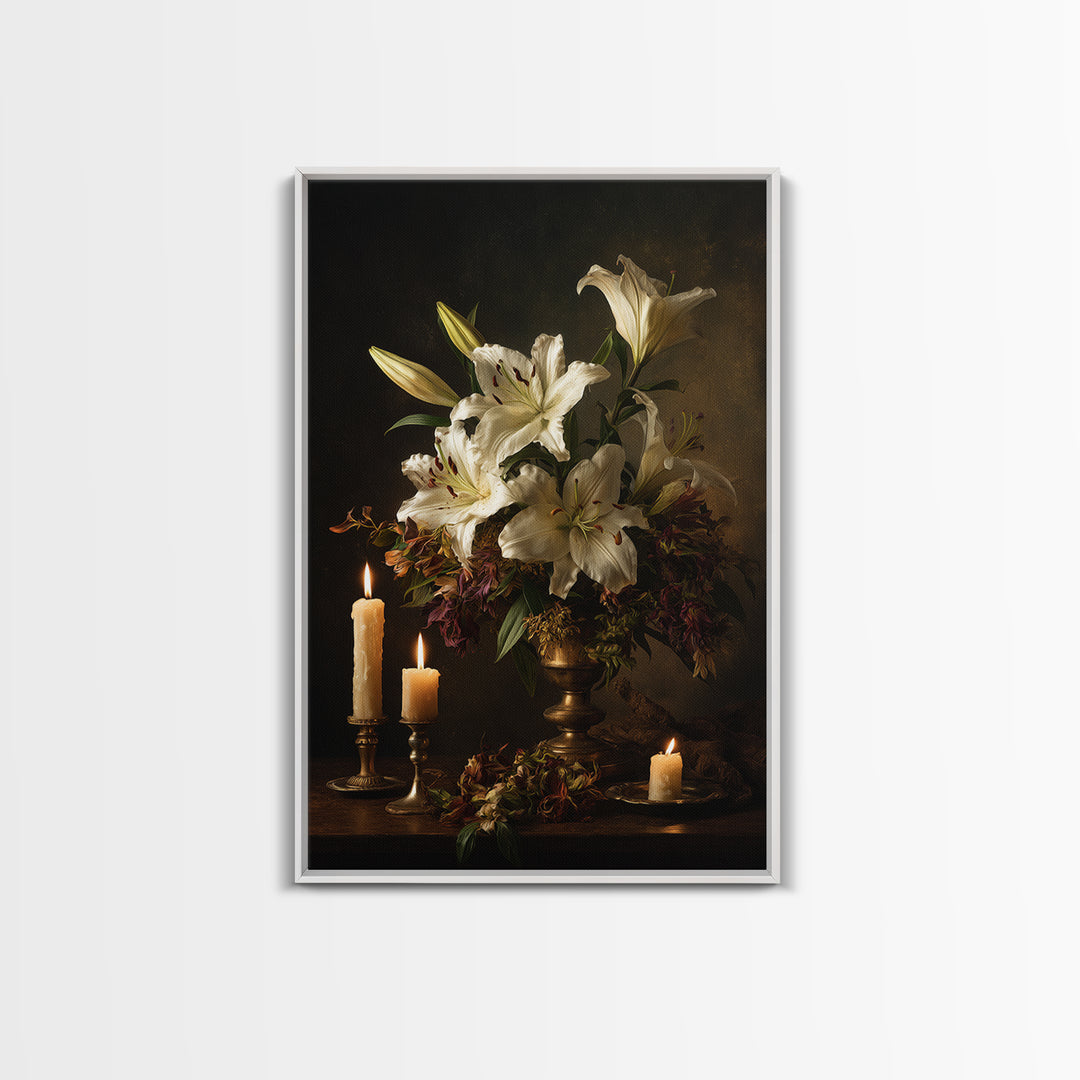 White Lilies on Dark Background Canvas Print, Traditional Art, Dark Art, Living Room Decor, Oil Painting, Classic, TRA-2x3-95