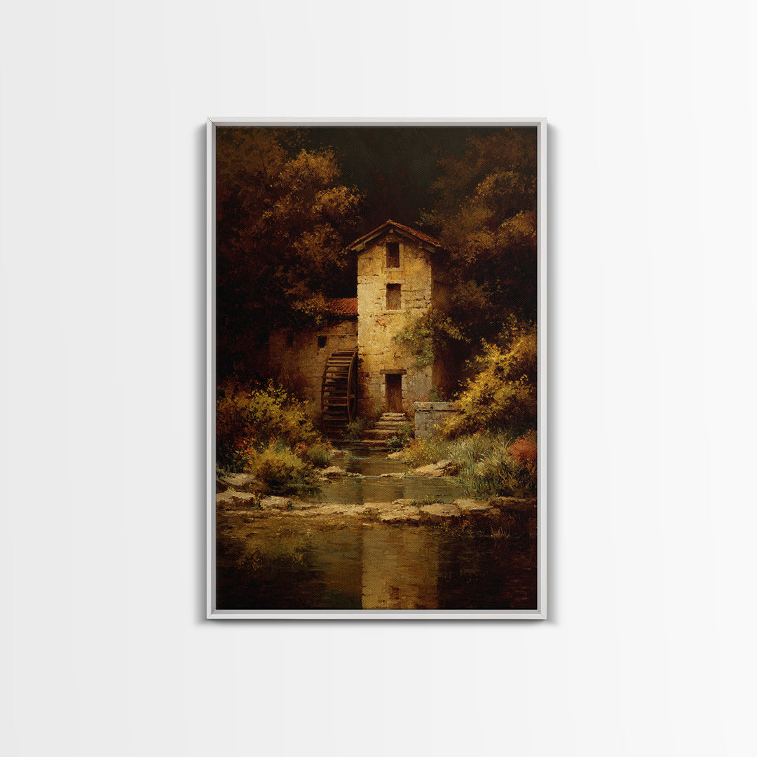 Watermill Beside a Quiet Stream Framed Canvas Print, Traditional Art, Canvas Print, Living Room Decor, Fine Art, Classic, TRA-2x3-97