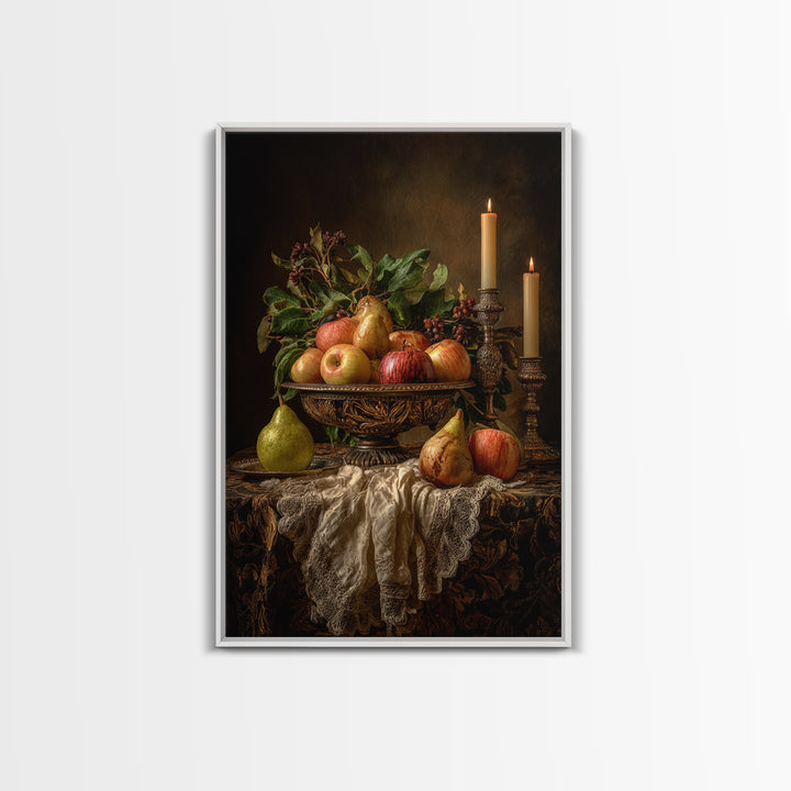 Basket of Apples and Pears on Linen Framed Canvas Print, Traditional Art, Canvas, Living Room Decor, Abstract Art, Classic, TRA-2x3-98