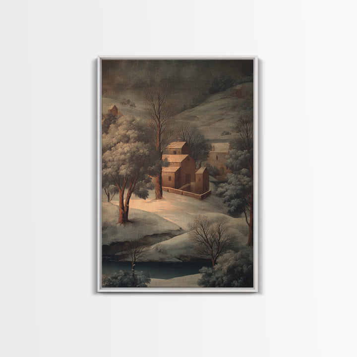 Snowy Village Landscape at Twilight Canvas Print, Traditional Art, Japanese Decor, Living Room Decor, Fine Art, Classic, TRA-2x3-99