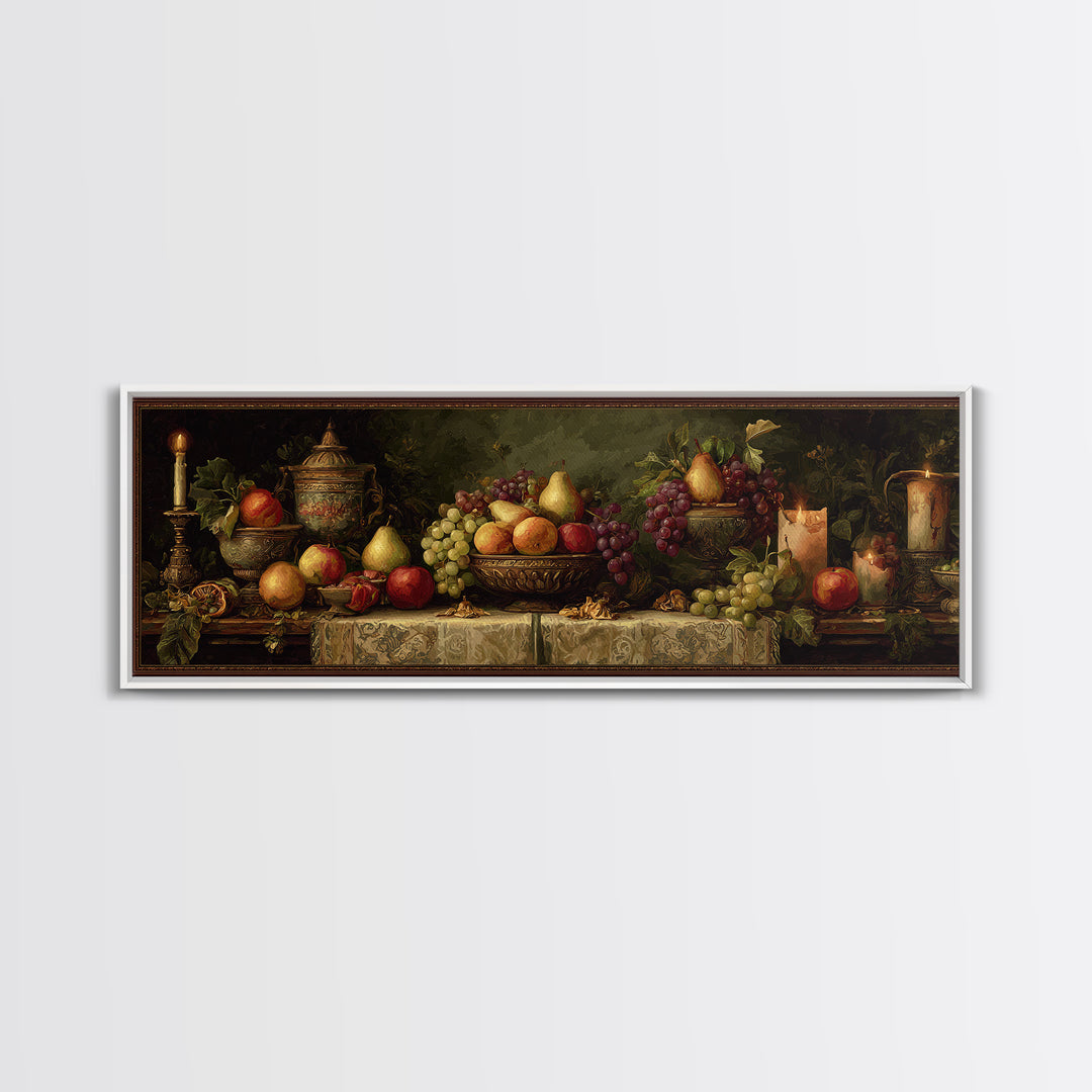 Basket of Apples and Pears on Linen Framed Canvas Print, Traditional Art, Decor, Living Room Decor, Abstract Art, Classic, TRA-3x1-10
