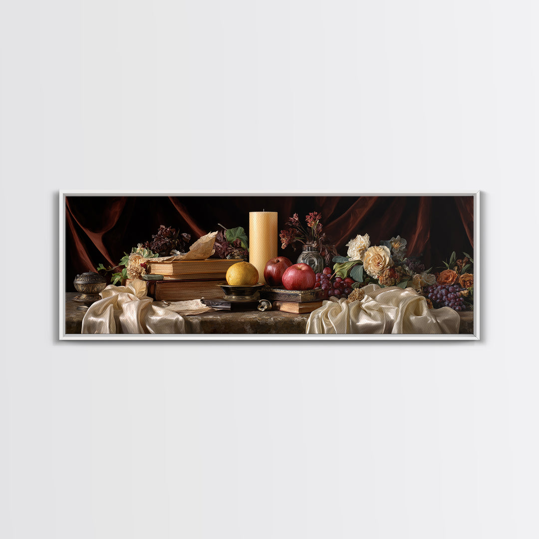 Still Life of Books Candle and Fruit Framed Canvas Print, Traditional Art, Indian Decor, Living Room Decor, Fine Art, Classic, TRA-3x1-12