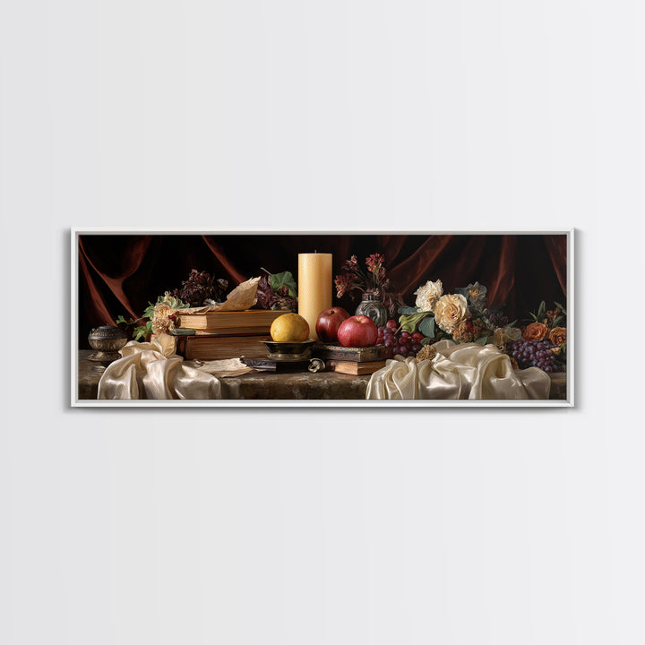 Still Life of Books Candle and Fruit Framed Canvas Print, Traditional Art, Indian Decor, Living Room Decor, Fine Art, Classic, TRA-3x1-12
