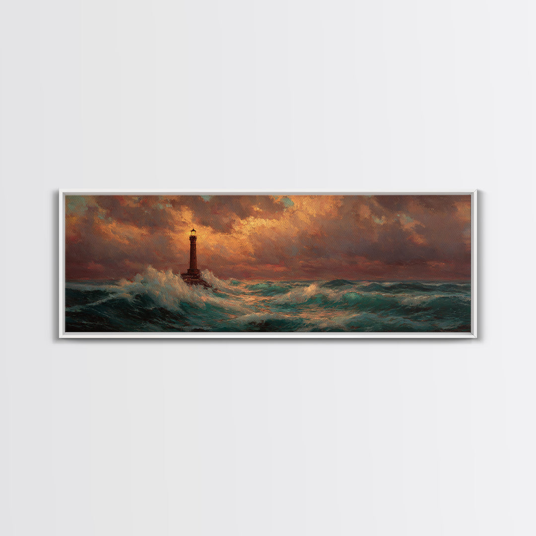 Lighthouse with Crashing Waves Canvas Print, Traditional Art, Art Commissions, Living Room Decor, Classic, Pokemon Poster, TRA-3x1-13