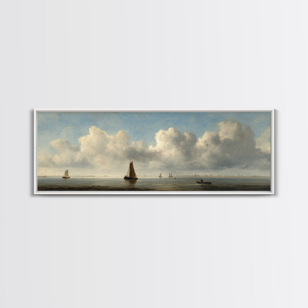 Seascape with Sailboats and Cloudy Sky Canvas Print, Traditional Art, Indian Decor, Living Room Decor, Fine Art, Classic, TRA-3x1-21