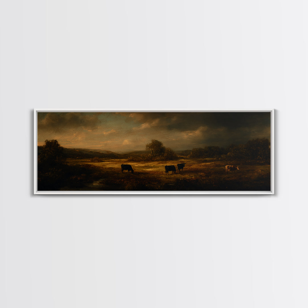 Pastoral Countryside with Cows in Field Framed Canvas Print, Traditional Art, Room Decor, Living Room Decor, Fine Art, Classic, TRA-3x1-23