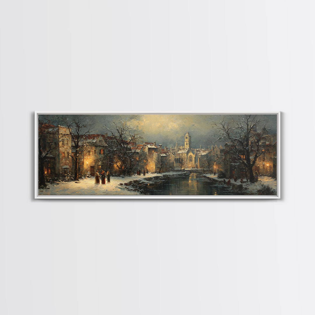 Snowy Village Landscape at Twilight Canvas Print, Traditional Art, Minimalist Decor, Living Room Decor, Oil Painting, Classic, TRA-3x1-35