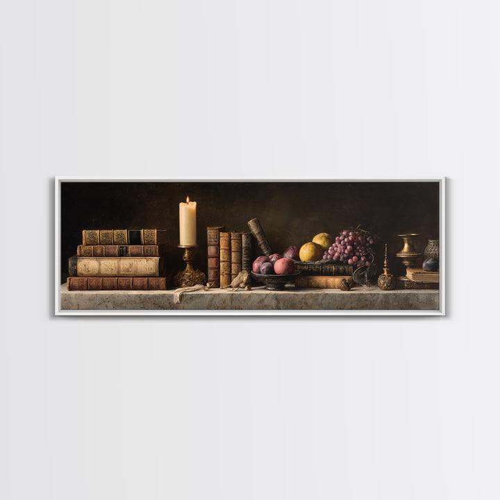 Still Life of Books Candle and Fruit Canvas Print, Traditional Art, Gallery Decor, Living Room Decor, Fine Art, Classic, TRA-3x1-36