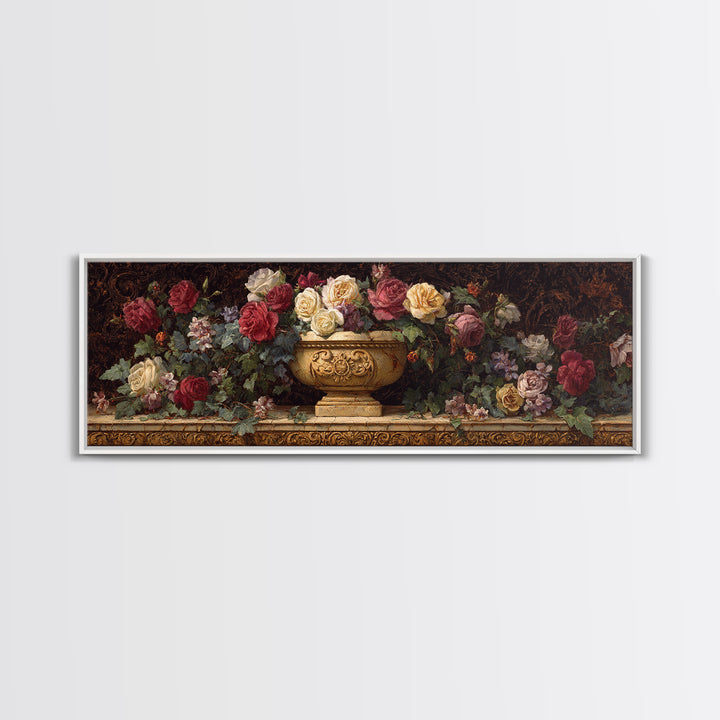 Garden Urn with Roses and Ivy Canvas Print, Traditional Art, Neutral Decor, Living Room Decor, Oil Painting, Classic, TRA-3x1-40