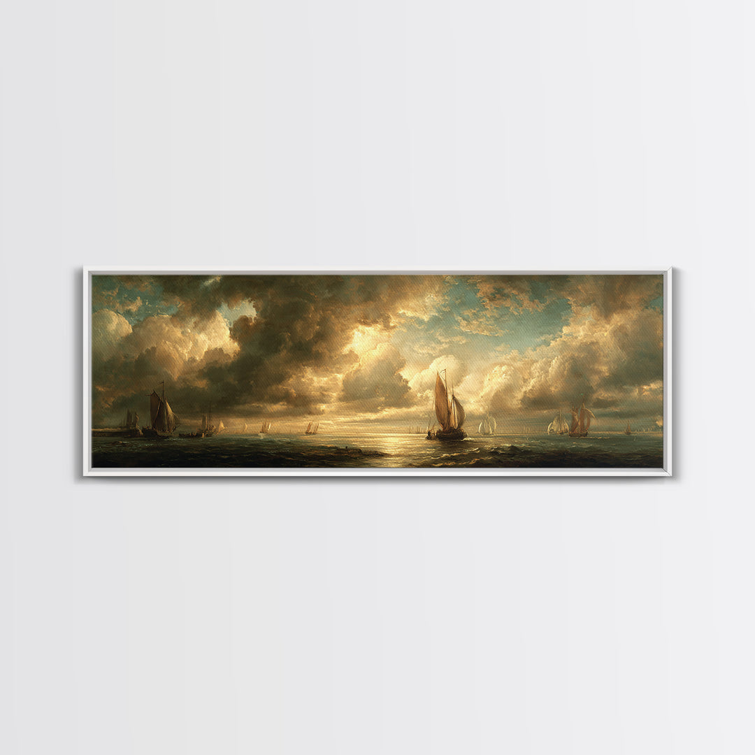 Seascape with Sailboats and Cloudy Sky Canvas Print, Traditional Art, Indian Decor, Living Room Decor, Fine Art, Classic, TRA-3x1-45