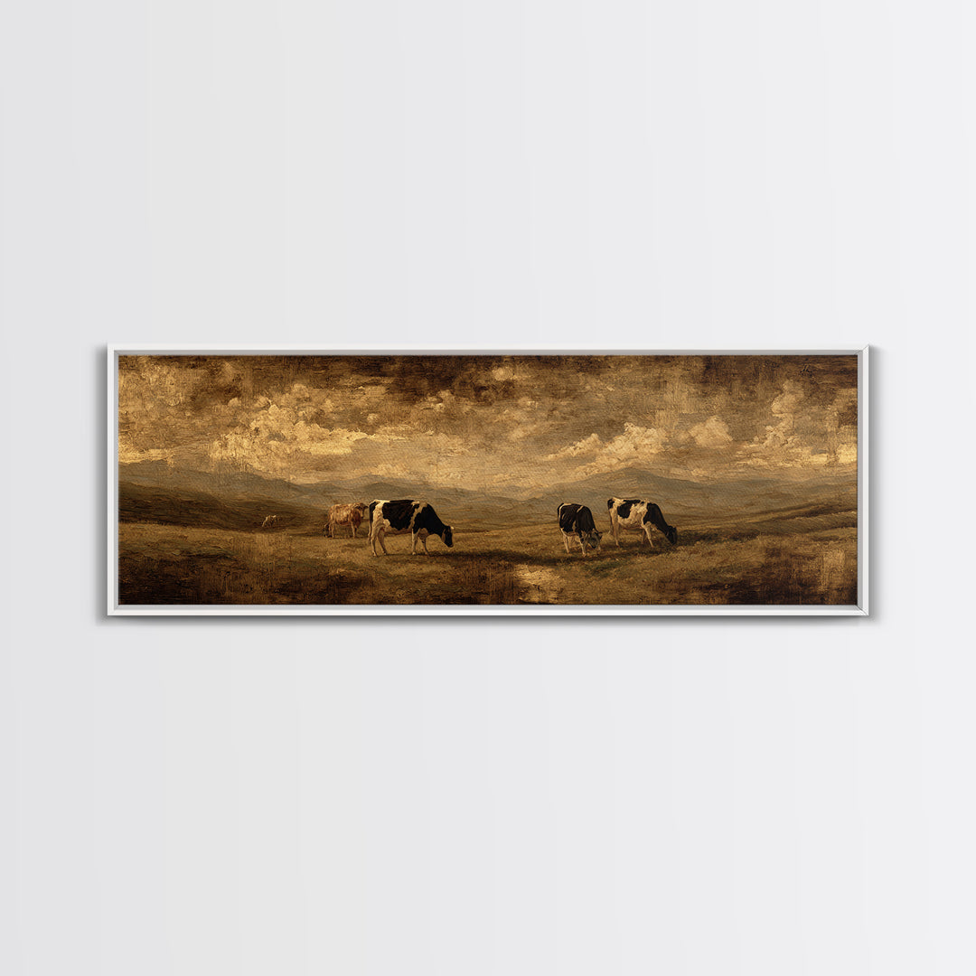 Pastoral Countryside with Cows in Field Framed Canvas Print, Traditional Art, Living Room Decor, Oil Painting, Classic, TRA-3x1-47