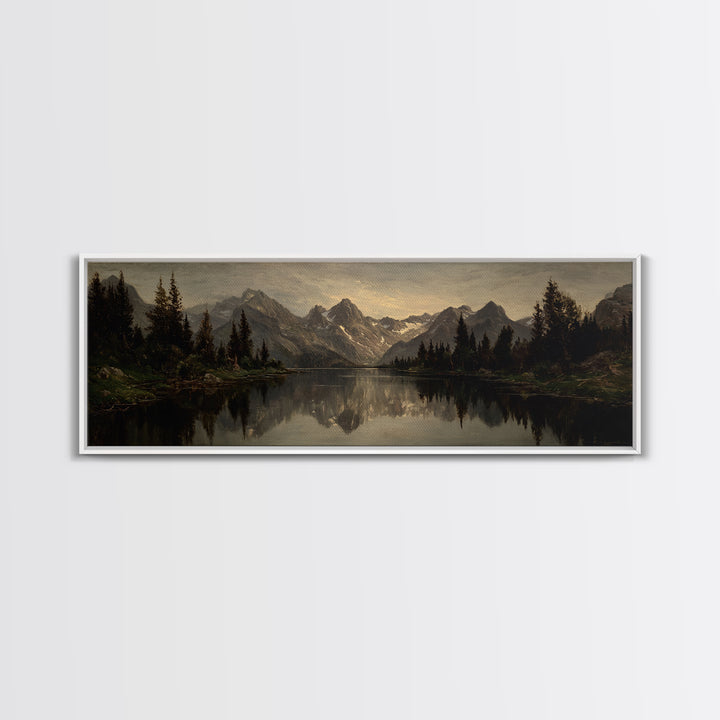 Mountain Lake with Pine Forest Reflection Canvas Print, Traditional Art, Landscape, Living Room Decor, Fine Art, Classic, TRA-3x1-49