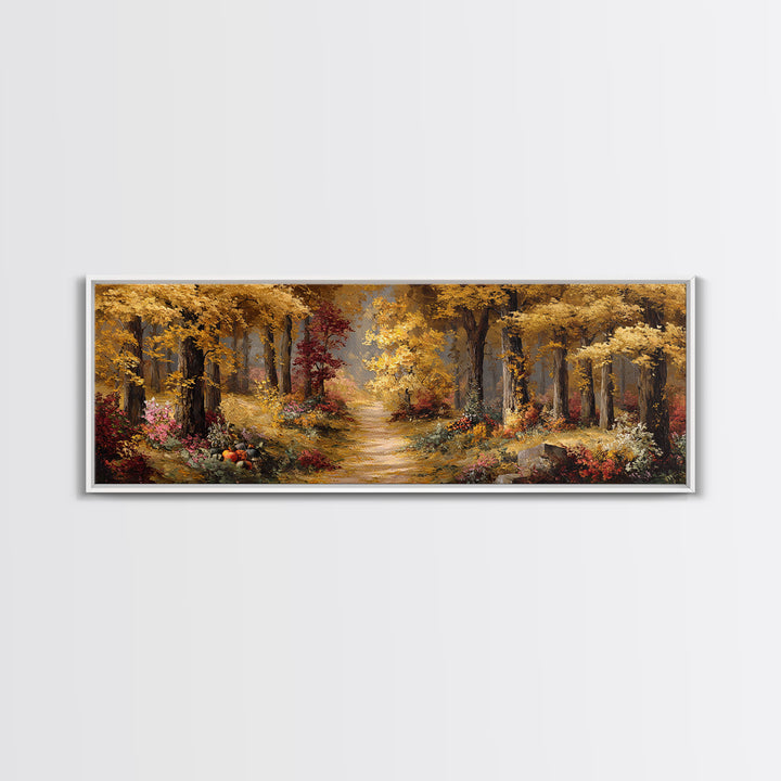 Autumn Forest Road Framed Canvas Print, Traditional Art, Minimalist Decor, Living Room Decor, Oil Painting, Classic, Boho, TRA-3x1-56