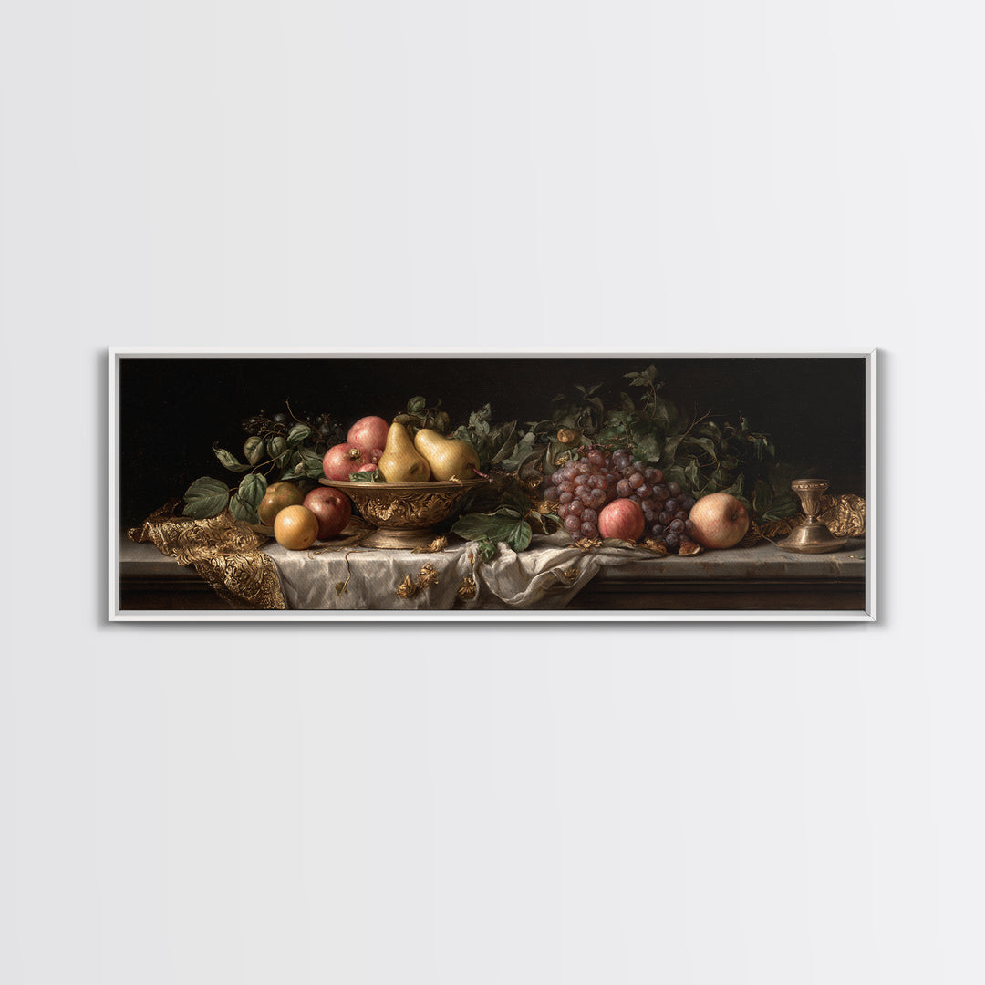 Basket of Apples and Pears on Linen Framed Canvas Print, Traditional Art, Art Commissions, Living Room Decor, Fine Art, Classic, TRA-3x1-58