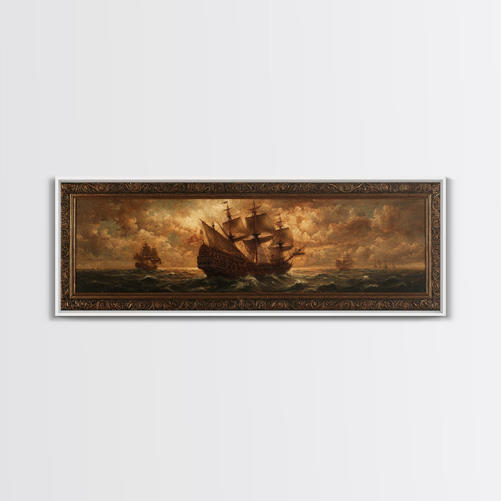 Ship at Sea Canvas Print, Traditional Art, Indian Decor, Living Room Decor, Fine Art, Classic, Luxury Decor, Textured Painting, TRA-3x1-6