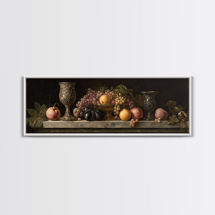 Dutch Fruit and Silver Goblet Still Life Framed Canvas Print, Traditional Art, Living Room Decor, Watercolor Art, Classic, TRA-3x1-68