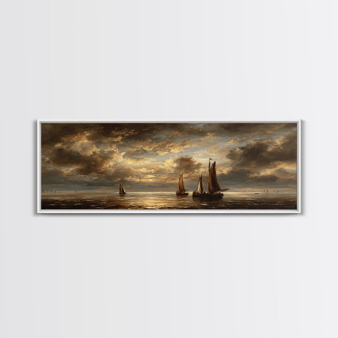 Seascape with Sailboats and Cloudy Sky Framed Canvas Print, Traditional Art, Gallery Decor, Living Room Decor, Classic, TRA-3x1-69