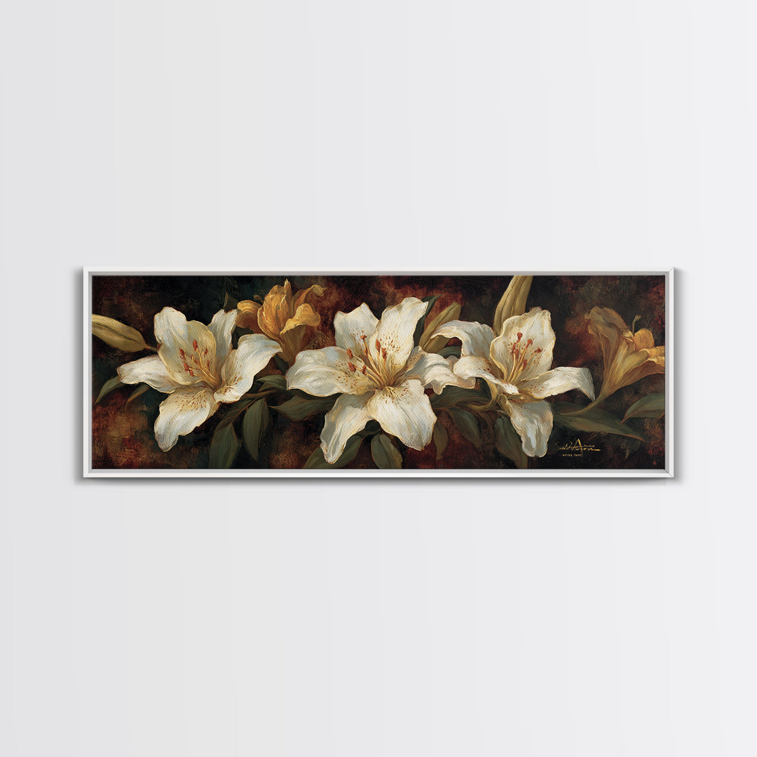 White Lilies on Dark Background Framed Canvas Print, Traditional Art, Statement Artwork, Living Room Decor, Fine Art, Classic, TRA-3x1-7