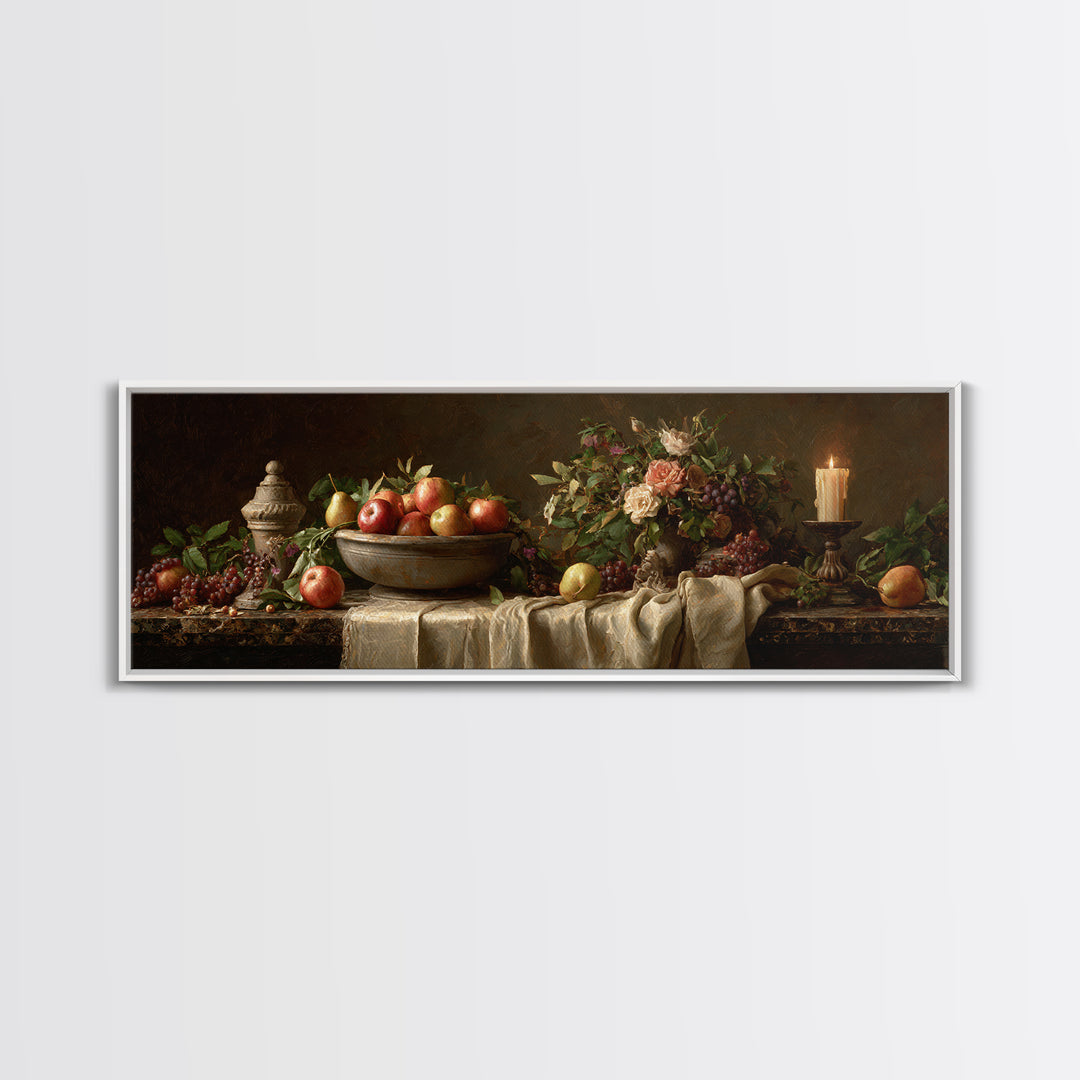 Basket of Apples and Pears on Linen Framed Canvas Print, Traditional Art, Art Commissions, Living Room Decor, Fine Art, Classic, TRA-3x1-82