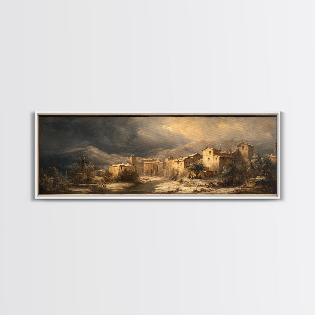 Snowy Village Landscape at Twilight Canvas Print, Traditional Art, Art Commission, Living Room Decor, Fine Art, Classic, TRA-3x1-83