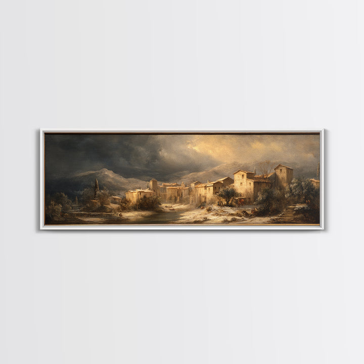 Snowy Village Landscape at Twilight Canvas Print, Traditional Art, Art Commission, Living Room Decor, Fine Art, Classic, TRA-3x1-83
