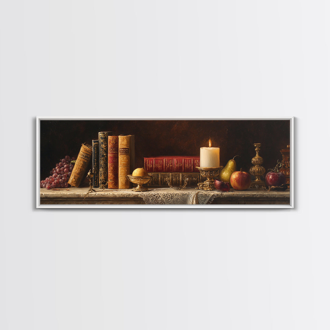 Still Life of Books Candle and Fruit Framed Canvas Print, Traditional Art, Painting, Living Room Decor, Fine Art, Classic, TRA-3x1-84
