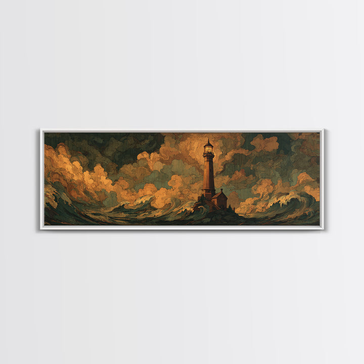 Lighthouse with Crashing Waves Canvas Print, Traditional Art, Dark Art, Living Room Decor, Oil Painting, Classic, TRA-3x1-85