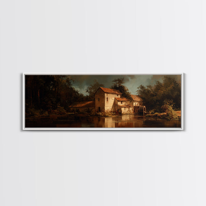 Watermill Beside a Quiet Stream Framed Canvas Print, Traditional Art, Living Room Decor, Fine Art, Classic, Dark Art, TRA-3x1-9