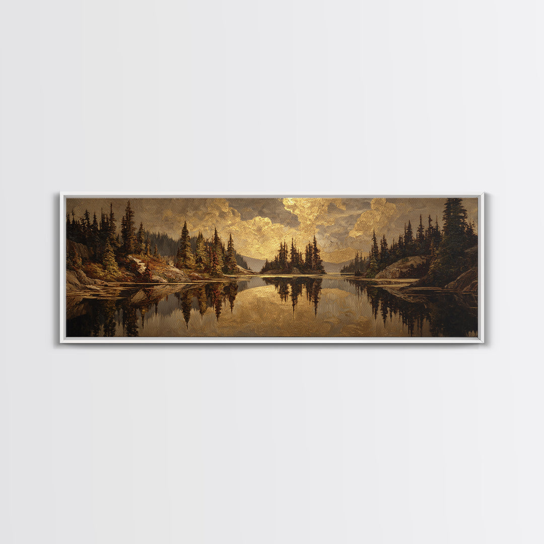 Mountain Lake with Pine Forest Reflection Canvas Print, Traditional Art, Luxury Decor, Living Room Decor, Fine Art, Classic, TRA-3x1-97