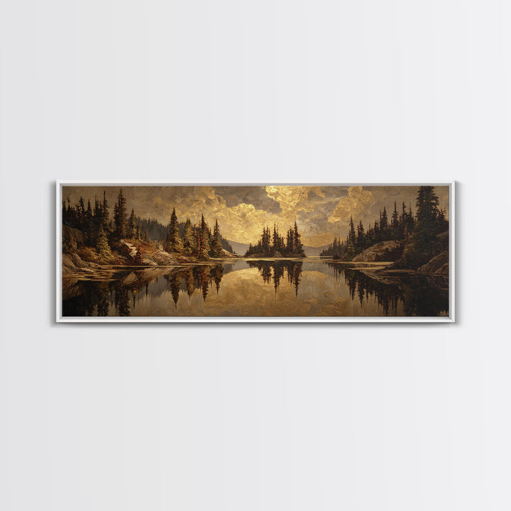 Mountain Lake with Pine Forest Reflection Canvas Print, Traditional Art, Luxury Decor, Living Room Decor, Fine Art, Classic, TRA-3x1-97