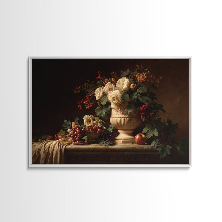 Garden Urn with Roses and Ivy Framed Canvas Print, Traditional Art, Wall Art, Living Room Decor, Watercolor Art, Classic, TRA-3x2-100