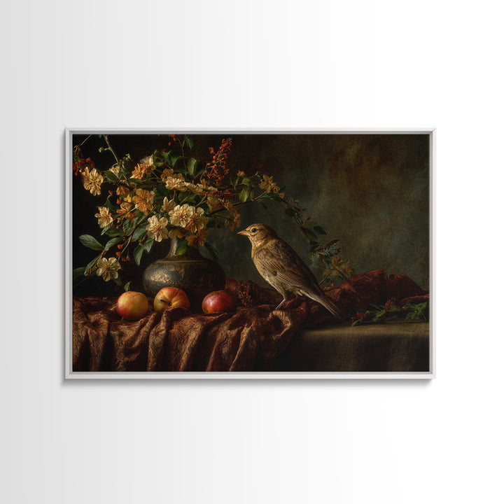 Bird Study on a Flowering Branch Framed Canvas Print, Traditional Art, Artwork, Living Room Decor, Oil Painting, Classic, TRA-3x2-14