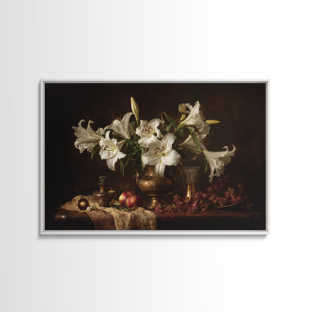 White Lilies on Dark Background Framed Canvas Print, Traditional Art, Statement Artwork, Living Room Decor, Fine Art, Classic, TRA-3x2-19
