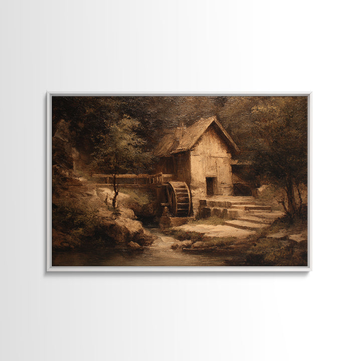 Watermill Beside a Quiet Stream Canvas Print, Traditional Art, Indian Decor, Living Room Decor, Fine Art, Classic, Luxury Decor, TRA-3x2-21