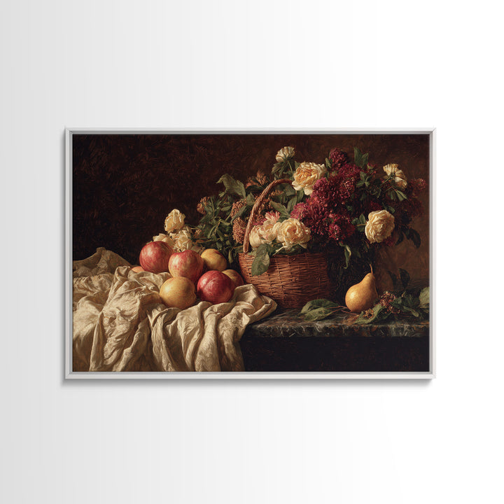Basket of Apples and Pears on Linen Canvas Print, Traditional Art, Digital Print, Living Room Decor, Abstract Art, Classic, TRA-3x2-22