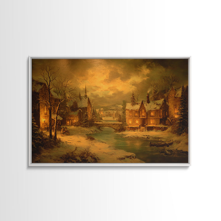 Snowy Village Landscape at Twilight Framed Canvas Print, Traditional Art, Indian Art, Living Room Decor, Oil Painting, Classic, TRA-3x2-23