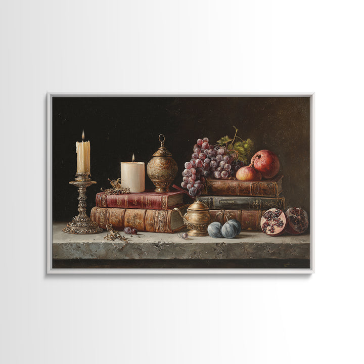 Still Life of Books Candle and Fruit Framed Canvas Print, Traditional Art, Indian Decor, Living Room Decor, Fine Art, Classic, TRA-3x2-24