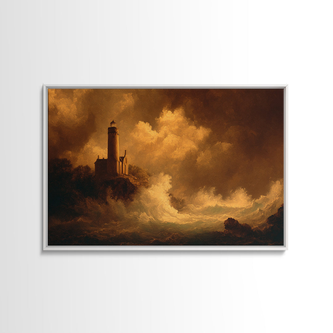 Lighthouse with Crashing Waves Framed Canvas Print, Traditional Art, Landscape, Living Room Decor, Abstract Art, Classic, TRA-3x2-25