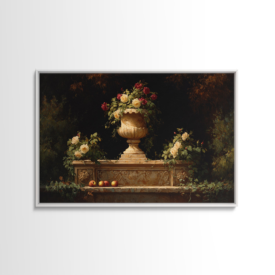 Garden Urn with Roses and Ivy Framed Canvas Print, Traditional Art, Custom Art, Living Room Decor, Fine Art, Classic, TRA-3x2-28