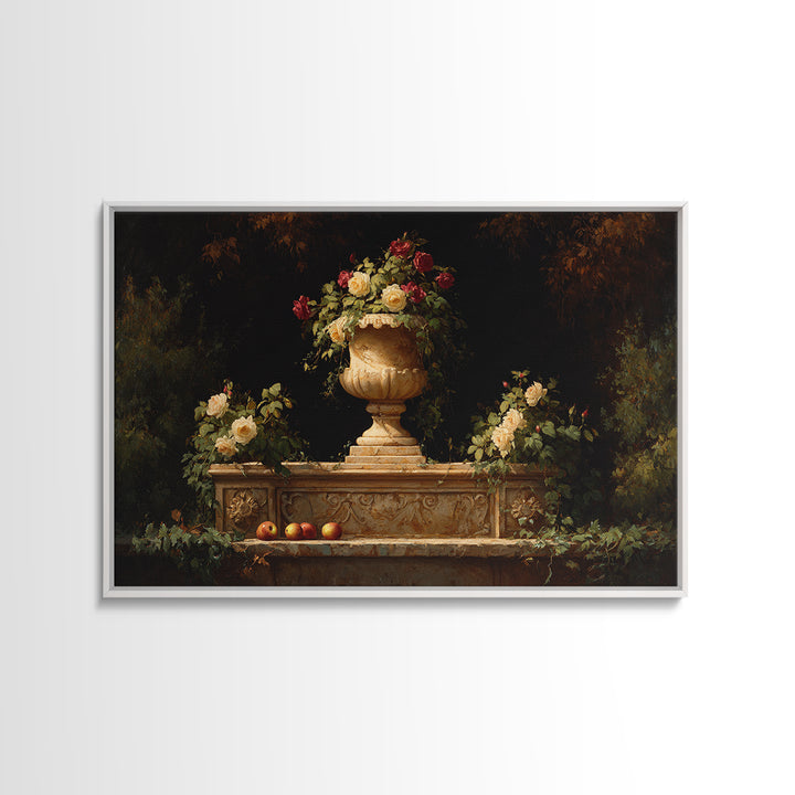 Garden Urn with Roses and Ivy Framed Canvas Print, Traditional Art, Custom Art, Living Room Decor, Fine Art, Classic, TRA-3x2-28