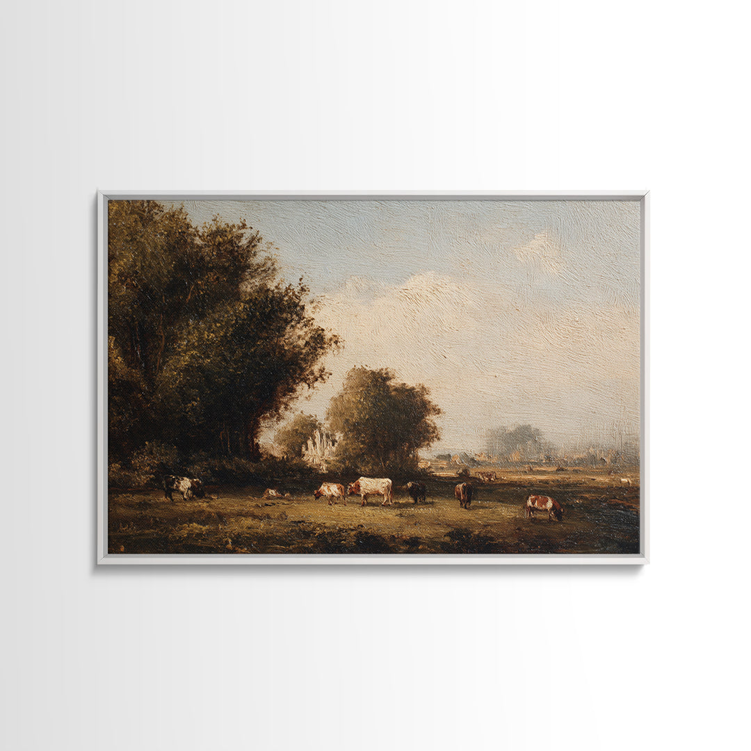 Pastoral Countryside with Cows in Field Framed Canvas Print, Traditional Art, Room Decor, Living Room Decor, Fine Art, Classic, TRA-3x2-35