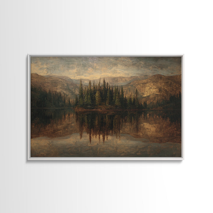 Mountain Lake with Pine Forest Reflection Canvas Print, Traditional Art, Dark Art, Living Room Decor, Fine Art, Classic, TRA-3x2-37