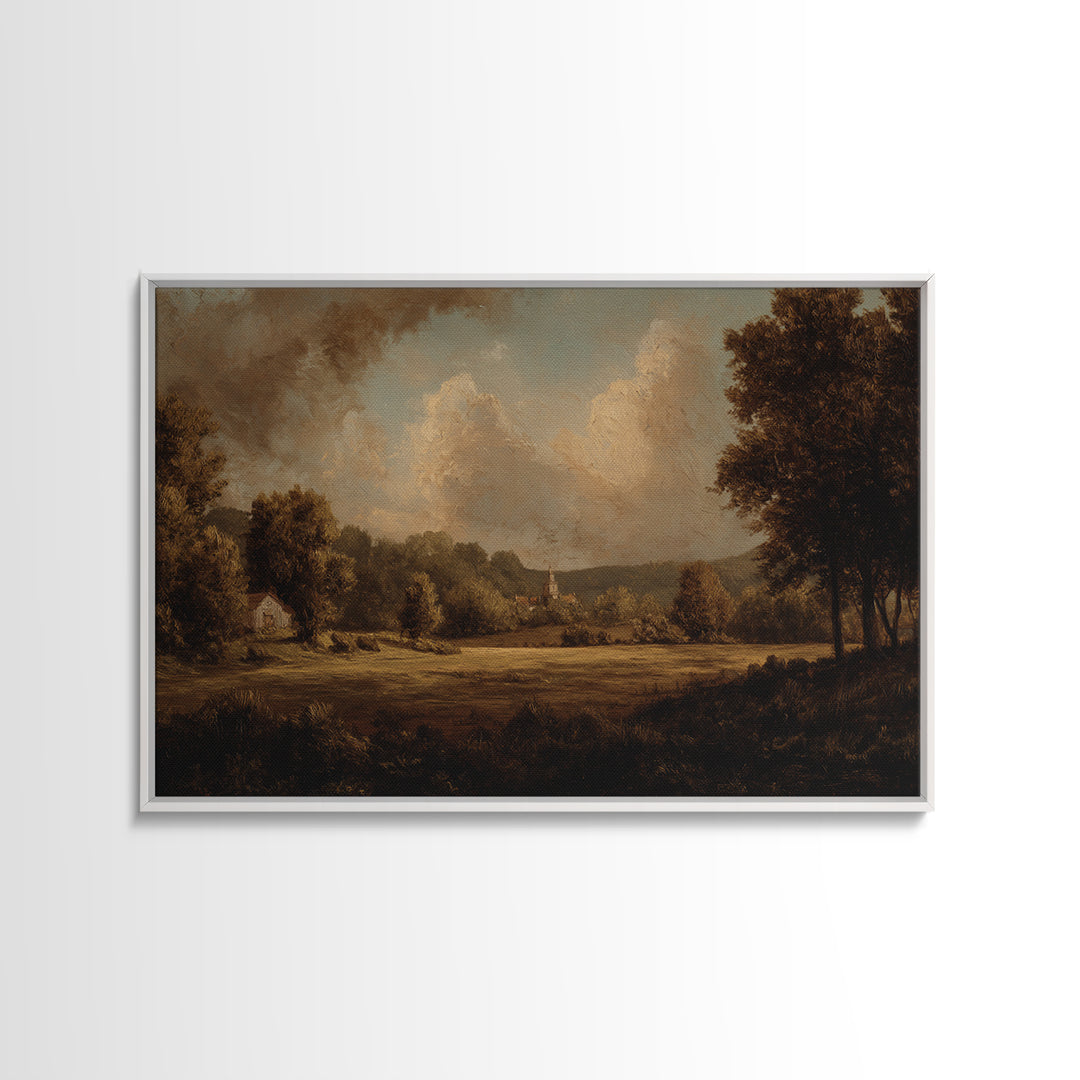 Church Steeple Across Rural Meadow Framed Canvas Print, Traditional Art, Pokemon Poster, Living Room Decor, Watercolor Art, TRA-3x2-41
