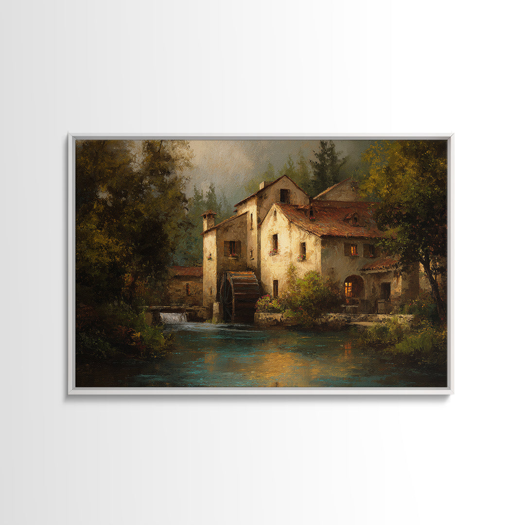 Watermill Beside a Quiet Stream Framed Canvas Print, Traditional Art, Gallery Decor, Living Room Decor, Fine Art, Classic, TRA-3x2-45