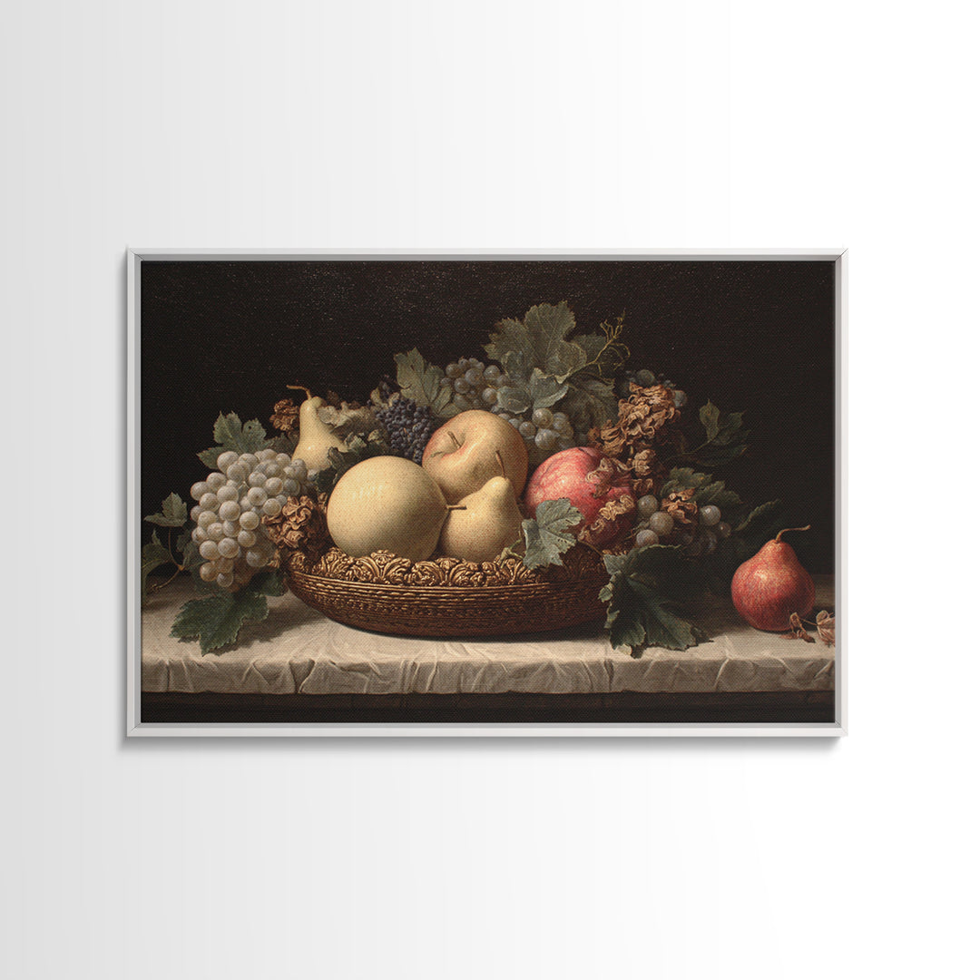 Basket of Apples and Pears on Linen Framed Canvas Print, Traditional Art, Custom Art, Living Room Decor, Abstract Art, Classic, TRA-3x2-46