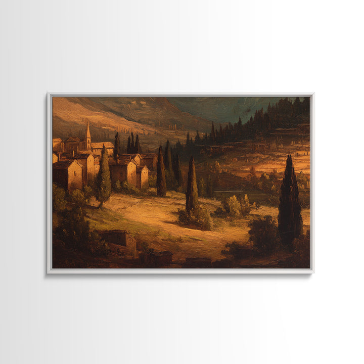Snowy Village Landscape at Twilight Framed Canvas Print, Traditional Art, Art Print, Living Room Decor, Fine Art, Classic, TRA-3x2-47