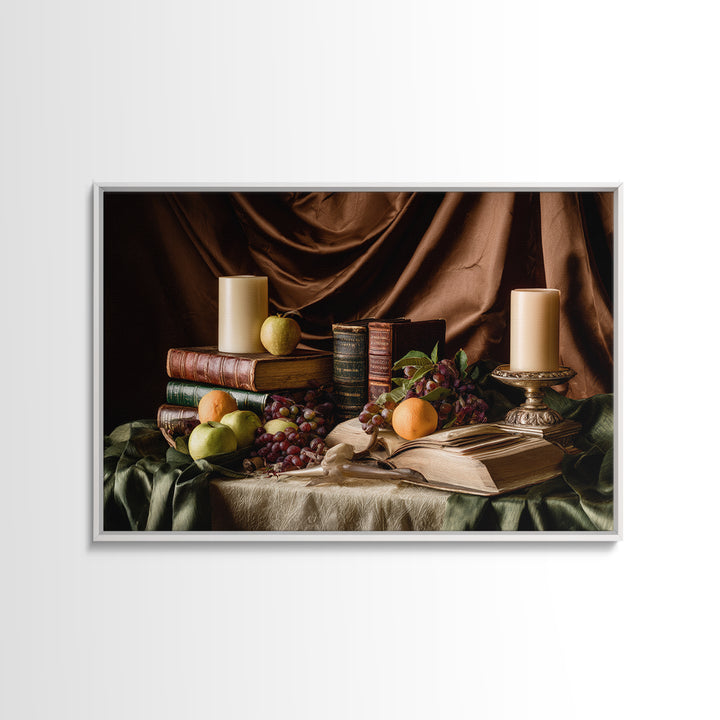 Still Life of Books Candle and Fruit Canvas Print, Traditional Art, Gallery Decor, Living Room Decor, Fine Art, Classic, TRA-3x2-48