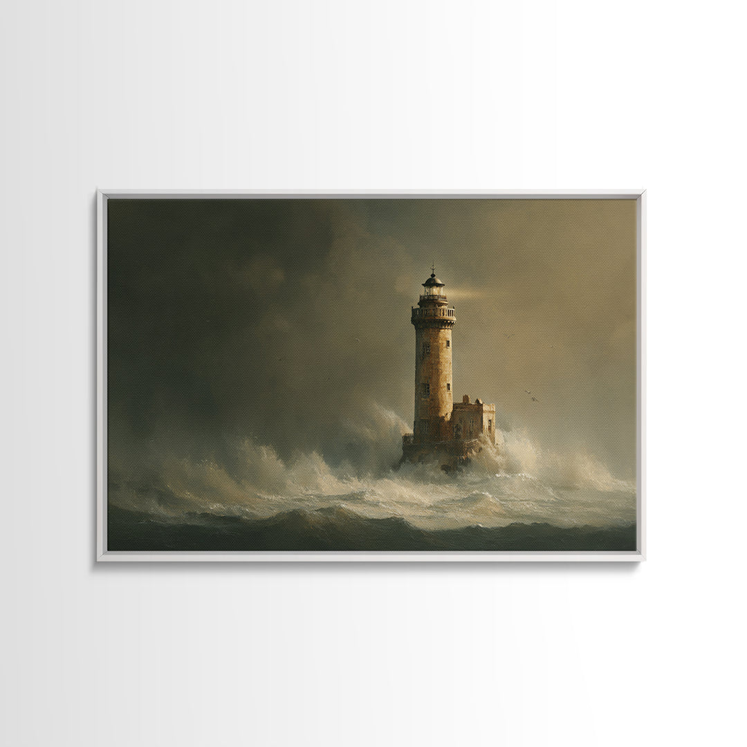 Lighthouse with Crashing Waves Canvas Print, Traditional Art, Neutral Decor, Living Room Decor, Fine Art, Classic, Home Decor, TRA-3x2-49